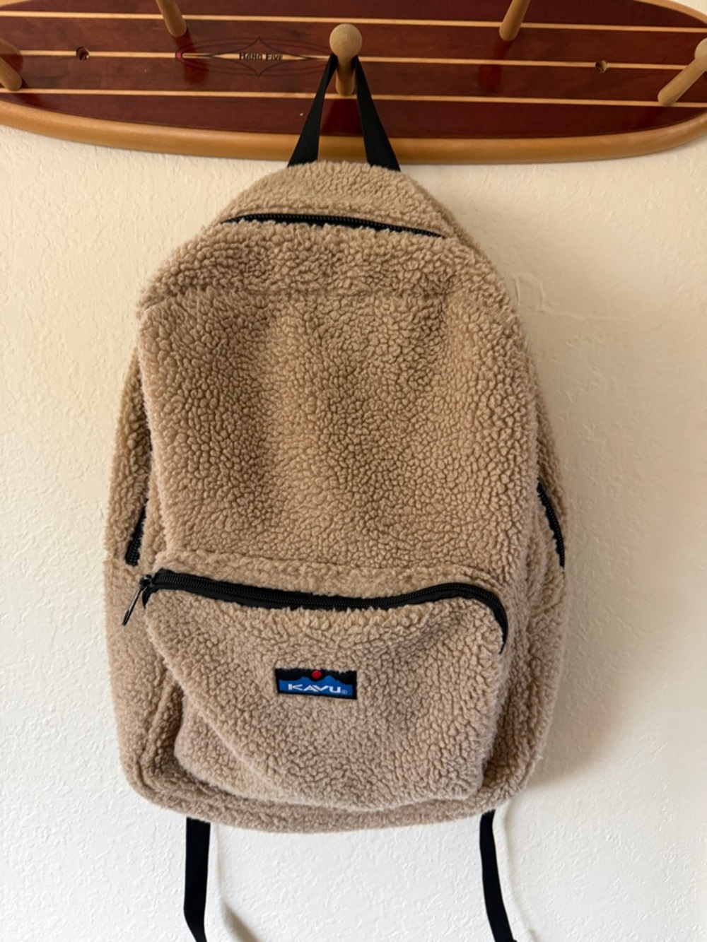 Kavu Beige Sherpa Backpack with Black Accents